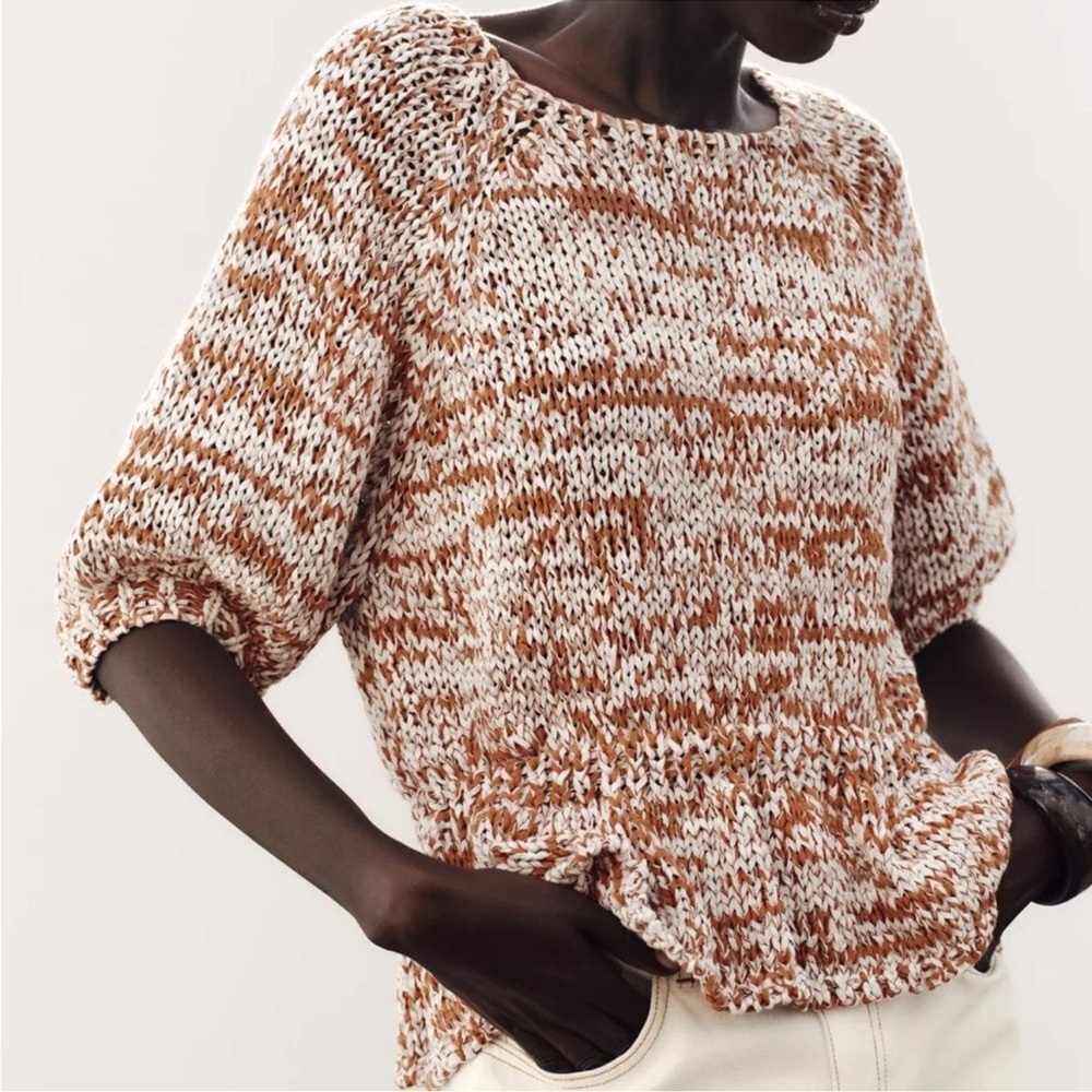 Zara Marled Cream and Brown Knit Sweater